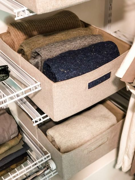 Creating A Functional Shared Closet With Wayfair - Organized-ish Sweater Storage In Closet, Sweater Organization Ideas, Closet Sweater Storage, Sweater Organization Closet, Sweaters In Closet, Sweater Storage Ideas, Closet Detox, Wire Closet Systems, Adjustable Closet System