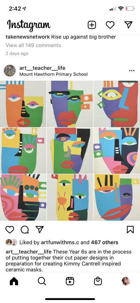 Kimmy Cantrell Masks Lesson, Construction Paper Self Portrait Kindergarten, Frida Kahlo Elementary Art Lessons, Grade 3 Self Portrait Art, Picasso Self Portrait Art Lesson, Kimmy Cantrell, Paper Cut Design, Park Art, Art Teacher