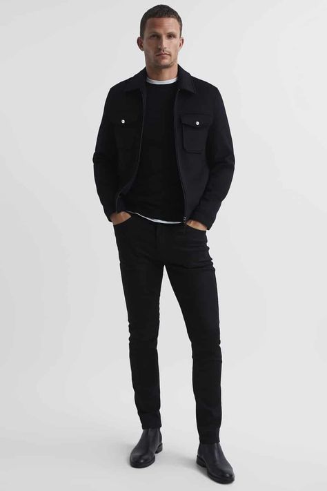 Men Night Out Outfit, What To Wear To A Club, Black Smart Casual, Night Out Outfits, Out Outfits, Black Jeans Outfit, Smart Casual Outfit, Trucker Jacket, Oxford Shirt