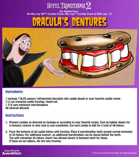 Hotel Transylvania Halloween Party Food - Dracula's Dentures Hotel Transylvania Halloween, Hotel Transylvania Birthday, Hotel Transylvania Party, Hotel Transylvania Movie, Disney Themed Food, Movie Night Dinner, Disney Dishes, Disney Inspired Food, Hotel Transylvania 2