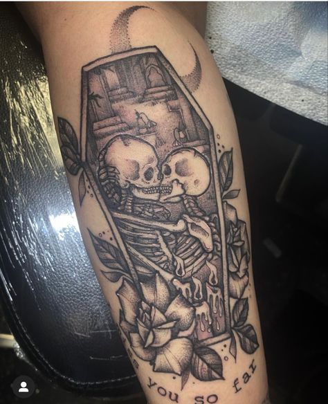 Coffin Tattoo, Skull Sleeve Tattoos, Skull Sleeve, Creepy Tattoos, Skull Tattoos, Skull Tattoo, Sleeve Tattoos, Tatting, Tattoos