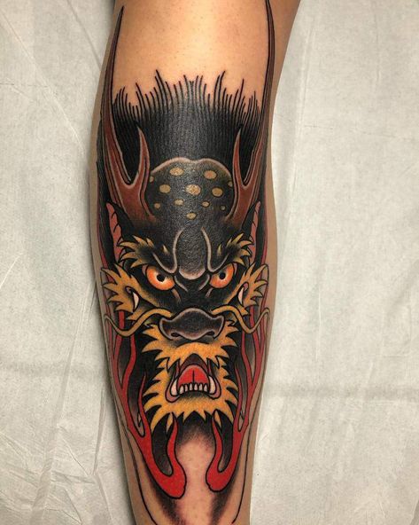 Dragon Head Tattoo Traditional, Traditional Pieces Tattoo, Dragon Cat Tattoo, Samurai Tattoo Traditional, Japanese Traditional Back Tattoo, Traditional Dragon Head Tattoo, Neo Traditional Dragon Tattoo, Traditional Samurai Tattoo, Japanese Dragon Head Tattoo