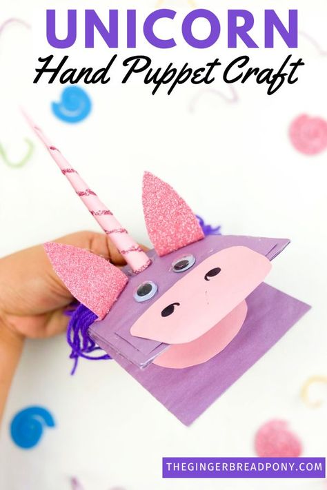 Feeling crafty? This unicorn hand puppet craft is a great choice for young and old! The supply list isn't too long and it's a fun craft that can be played with upon completion. Get the step-by-step directions below to make your own! Perfect unicorn craft idea - or turn it into a horse craft by ditching the horn and changing the colors! Full tutorial on our blog. #unicorn #diy #craft #kids #horse #thegingerbreadpony Unicorn Hand Puppet, Unicorn Puppet, Rainy Day At Home, Diy Unicorn Headband, Puppet Craft, Unicorn Craft, Fun Projects For Kids, Camp Crafts, Stick Horses