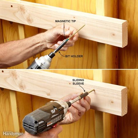 If you’re new to driving screws with a drill, you may not know the many benefits of using a magnetic bit holder. First, and most obvious, is that it holds any driver bit with a standard 1/4-in. hex-shape base, making it super quick and easy to change bits. But there are other advantages too. The bit holder extends the length of the bit, making it much easier to get into tight spots. The magnet in the bit holder magnetizes the tip, allowing you to hold ferrous-metal screws in place on the end... Installing Exterior Door, Stripped Screw, Woodworking Vise, Woodworking Plans Pdf, Tool Tips, How To Drive, Diy Fence, Drywall Screws, Workbench Plans