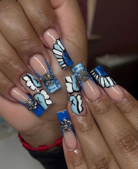 Kaws Nails Blue, Kaws Nails, Nail Vinyls, Super Cute Nails, French Tip Nail Designs, Simple Acrylic, Long Acrylic Nail Designs, Blue Acrylic Nails, New Nail Designs