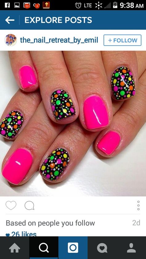 Spotty Nail Art, Bright Polka Dot Nails, New Kids On The Block Nails, Neon 80s Nails, Retro Dip Nails, Neon Dot Nails, Neon Polka Dot Nails, 80 Nails Design, 80s Nail Ideas