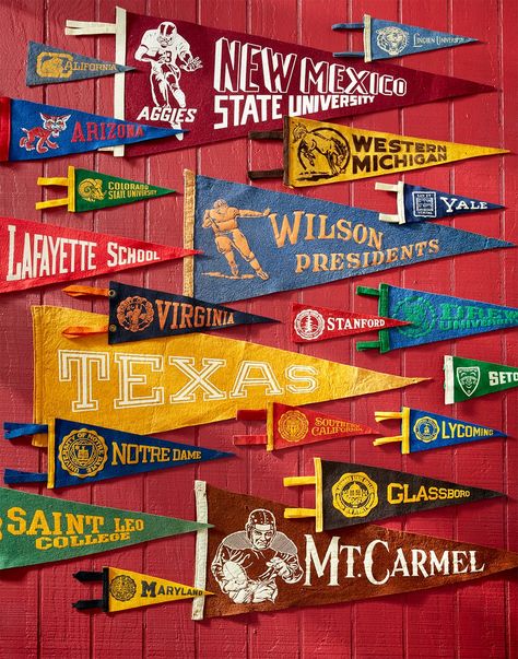 Vintage College Pennants, College Merch Ideas, Vintage College Aesthetic, Simple Graduation Party Ideas, Pennant Display, College Graphic Design, Simple Graduation Party, Sports Pennants, Creative Graduation Party Ideas