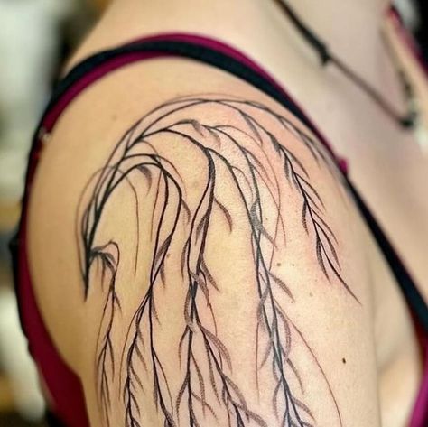 Esoteric Tattoo on Instagram: "Beautiful weeping willow branch by @highwatertattoos   Heads over to Kaya’s instagram to find her booking form   #tree #treetattoo #willowtree #willowtattoo #weepingwillow #stiple #dotwork #blackandgrey #pdx #pnw #portland #northportland #kayal" Willow Tree Shoulder Tattoo, Willow Branch Tattoo, Weeping Willow Branch, Weeping Willow Tree Tattoo, Weeping Willow Tattoo, Willow Tattoo, Esoteric Tattoo, Tree Branch Tattoo, Willow Tree Tattoos