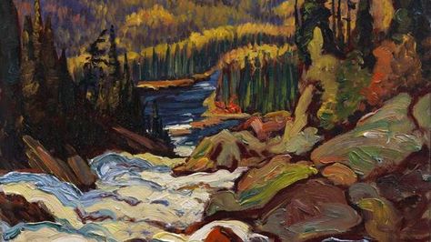 Detail of an oil on paperboard sketch for Falls, Montreal River, by J.E.H. MacDonald, donated by Ephry and Melvin Merkur. (Vancouver Art Gallery) Group Of Seven Artists, Group Of Seven Paintings, Tom Thomson Paintings, Lawren Harris, Vancouver Art Gallery, Group Of Seven, Henry David Thoreau, Canadian Art, Historical Art