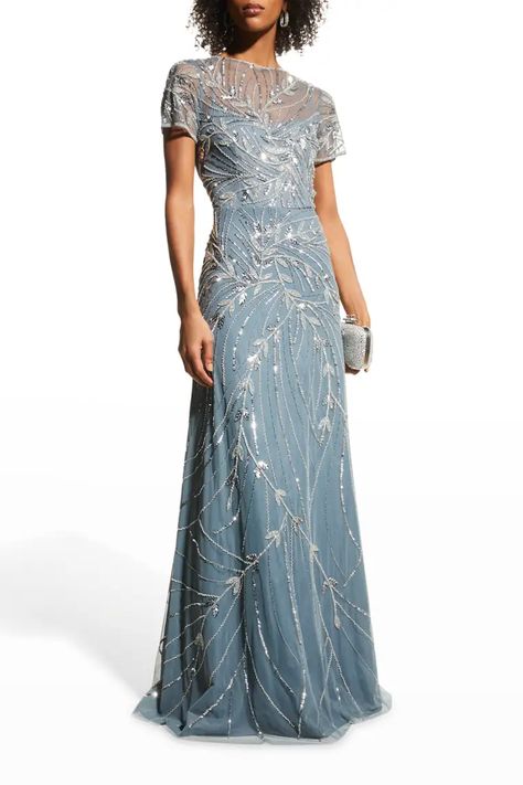 T2NFW Aidan Mattox Short-Sleeve Beaded Gown Jumpsuit Prom Dress, Beaded Bridesmaid Dress, Cocktail Dress Wedding Guest, Beaded Evening Gowns, Dresses Date Night, Plus Size Cocktail Dresses, Cocktail Dress Wedding, Sleeves Style, Black Tie Dress