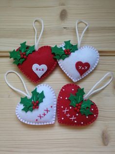 800 Felt Stuff Ideas 8A9 Felt Heart Ornaments, Diy Felt Christmas Ornaments, Felted Christmas, Xmas Baubles, White Christmas Ornaments, Felt Crafts Christmas, Felt Ideas, Felt Christmas Decorations, Christmas Hearts