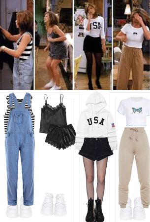 Halloween Rachel Green, Friends Tv Show Outfits Rachel Green, Rachel Green All Outfits, Friends Outfits Inspiration Rachel, Rechal Green Style, Rachel Green Outfits Plus Size, Rachel Green Overalls Outfit, Outfits Inspired By Rachel Green, Rechal Green Outfit