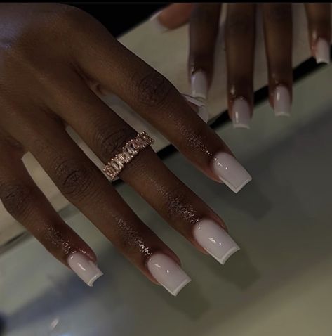 Milky White With Rhinestones, White French Tip Nails With Charms, White Nails On Black Women, Ongles Blanc Laiteux Nail Art, White Base Nails, White On White French Manicure, White Nails With Gems, Marshmallow Nails, Drippy Nails