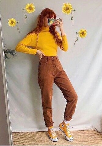 @MatildeRetro Yellow Courderoy Pants Outfit, Artsie Aesthetic Outfits, Vintage Yellow Outfit, Yellow Shirt Aesthetic, Yellow And Brown Outfits, Brown And Yellow Outfit, Yellow Fall Outfits, Yellow Aesthetic Outfit, Artsy Fashion Style