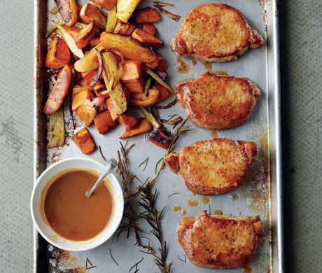 Cider-Dijon Pork Chops with Roasted Sweet Potatoes and Apples recipe Sweet Potatoes And Apples, Potatoes And Apples, Dijon Sauce, Pan Sauce, Sweet Potato And Apple, Fall Dinner, Balsamic Glaze, White Meat, Pork Chop Recipes