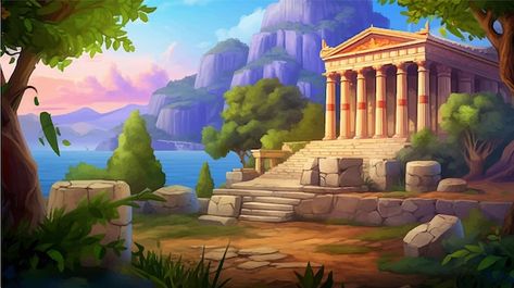 Vector a temple in the forest game backg... | Premium Vector #Freepik #vector #sky #blue #archaeology #ruins The Forest Game, Cartoon Landscape, Forest Games, Background Drawing, Game Background, Game Ui, Iconic Photos, Ancient Greece, In The Forest