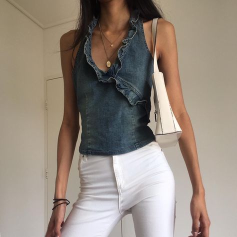 Vintage denim halter neck top! So cute, major 70s... - Depop Diy Halter Top, Halter Neck Crop Top, 70s Vibes, Halter Neck Top, Dream Clothes, Denim Top, Vintage Denim, Halter Neck, Halter Top