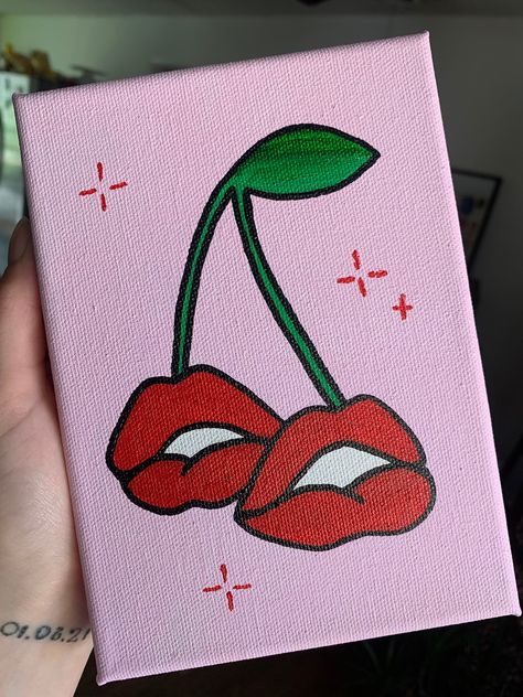 Simple Small Acrylic Paintings, Popular Canvas Painting Ideas, Lip Canvas Painting, Paint And Sip Ideas Simple, Cute Cherry Painting, Pop Art Ideas Easy, Simple Valentines Painting, Easy Cherry Painting, Easy Pop Art Drawings