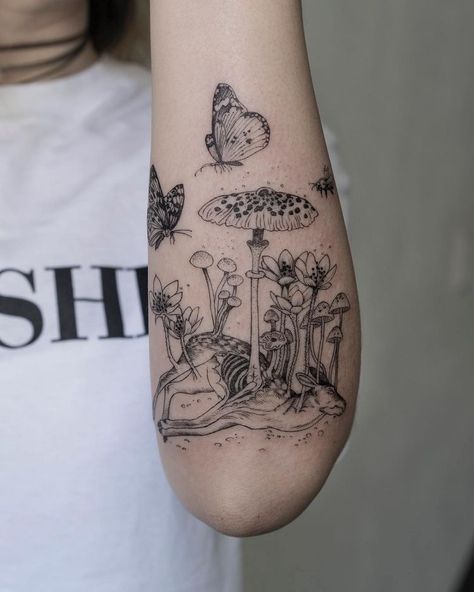 Whimsical Tattoo, Wanderlust Tattoo, Korean Tattoo Artist, Korean Tattoos, Mushroom Tattoos, Garden Door, White Tattoo, Tattoo Trends, Dope Tattoos