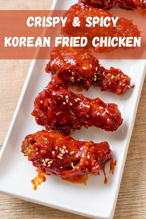 This crispy Korean fried chicken recipe is easy to make and has a spicy chili paste, aka Gochujang, soy, garlic sauce. It is great made as wings, drumsticks, or bite-size pieces. It can also be made in the air fryer and has a great aesthetic when plated. #RecipeMash #Korean #Chicken #Gochujang Crispy Korean Fried Chicken, Soy Garlic Sauce, Pizza And Coffee, Fried Chicken Sauce, Korean Fried Chicken Recipe, Asian Dipping Sauce, Spicy Wings, Chicken Drumstick Recipes, Korean Fried Chicken