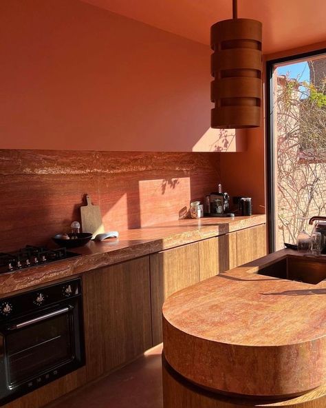 In today’s episode of: “A kitchen so beautiful it makes you wish you knew how to cook”. c/o @leonet.hoang for @emiliecrickx using… | Instagram Red Travertine, Vein Cut, Artistic Tile, Travertine Stone, Red Kitchen, Pink Stone, How To Cook, Kitchen Renovation, So Beautiful