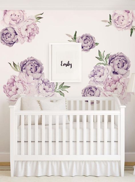 Purple Nursery Girl, Flower Wall Decal, Lavender Nursery, Purple Nursery, Girl Nursery Room, Green Nursery, Watercolor Peonies, Flower Wall Decals, Flower Wall Stickers