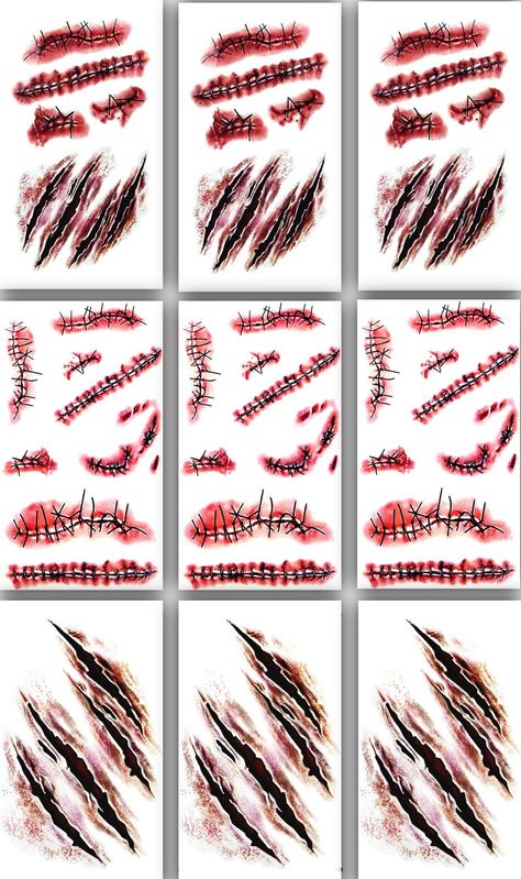 9pcs Horror Realistic Fake Bloody Wound Stitch Scar Scab Waterproof Temporary Tattoo Sticker Halloween Masquerade Prank Makeup Props Fake Scar Tattoo, Halloween Zombie Makeup, Fake Scar, Wound Makeup, Halloween Scary Face, Fake Wounds, Facial Scars, Scar Tattoo, Elements Tattoo