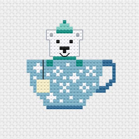 Cross Stitch Winter Patterns, Cross Stitch Tea Cup, Cross Stitch Ornaments Patterns Free, Tea Cup Cross Stitch, Cross Stitch Christmas Patterns, Polar Bear Cross Stitch, Tea Cross Stitch Pattern, Hat Shawl, Bear Cross Stitch Pattern