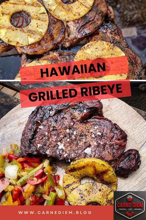 This Hawaiian Grilled Ribeye Steak recipe combines the richness of a juicy ribeye with a Hawaiian marinade mixture of soy sauce, garlic, ginger, pineapple, and rum. It's a guaranteed crowd-pleaser, perfect for a special occasion or a casual weeknight dinner.  These grilled steaks are simple and delicious. Hawaiian Ribeye, Hawaiian Marinade, Hawaiian Steak, Grilled Ribeye Steak Recipes, Ribeye Steak Recipe, Ginger Pineapple, Beef For Dinner, Baked Bbq Ribs, Grilled Ribeye Steak