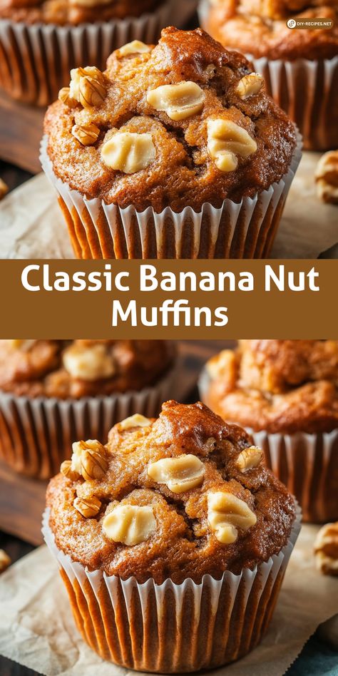 You can't go wrong with Classic Banana Nut Muffins! Soft, flavorful, and loaded with walnuts, they’re a delicious treat for any time of day. Banana Nut Muffins Recipe, Nut Muffins Recipe, Vegan Banana Nut Muffins, Best Banana Muffin Recipe, Bananas Recipes, Buttermilk Banana Bread, Mini Muffin Recipe, Mini Banana Muffins, Banana Walnut Muffins