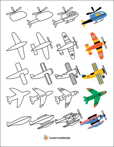 Aircraft Doodle, Aircraft Drawing Easy, How To Draw A Plane Easy, Drawings With Shapes, Aircraft Drawing, Plane Illustration, Kindergarten Drawing, Easy Drawings For Kids, Easy Doodles Drawings