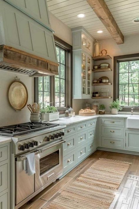 Country Kitchen Inspiration, Blue Green Kitchen, Cabin Interior Design, Southern House, Tiny House Loft, Dream Kitchens Design, Kitchen Cabinets Decor, Cottage Home, Kitchen Room Design