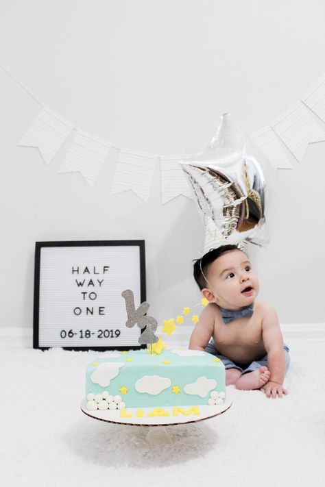 6 Month Cake Half Birthday Photoshoot, Half Birthday Baby Boy Photoshoot, Half Birthday Photoshoot Boy, Boy Half Birthday Pictures, Half Way To One Cake Boy, Half Birthday Ideas For Boys 6 Months, 1/2 Birthday Cake 6 Months Boy, Half Birthday Ideas For Boys Photoshoot, Half Birthday Cake Boy