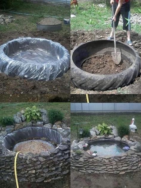 Small rock pond by using old tire Diy Ponds Backyard, Outdoor Ponds, Diy Pond, Front Yard Landscaping Plans, Front Yard Landscaping Simple, Diy Backyard Landscaping, Front House Landscaping, Garden Pond, Ponds Backyard