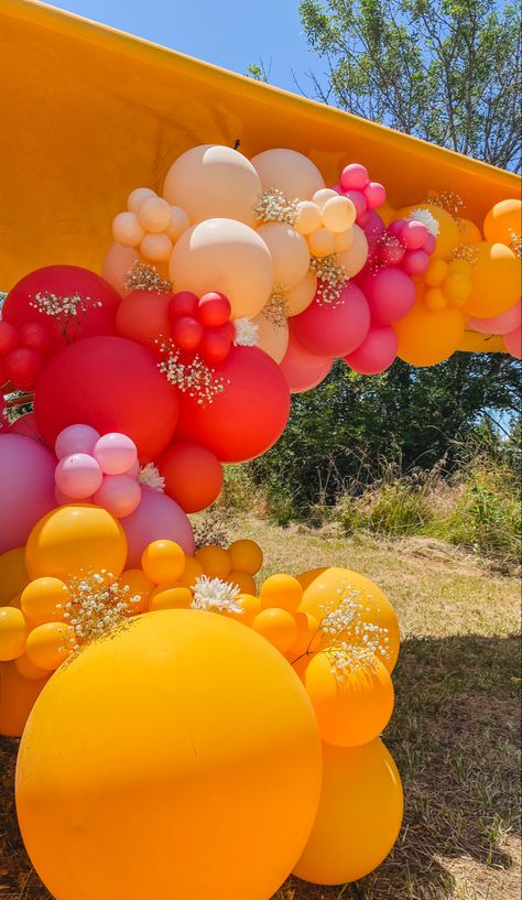 Citrus Theme Balloon Arch, Pink Orange Green Balloon Garland, Hens Party Balloon Garland, Balloon Garland Bright Colors, Orange Color Party Ideas For Adults, Pink And Orange Balloon Decorations, Decorating A Stage For A Banquet, Aperol Spritz Balloon Garland, Pink Orange Yellow Balloon Garland