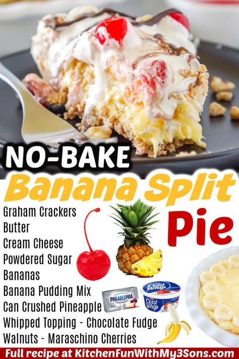 Banana Split Cheesecake Salad, Homemade Banana Split, Banana Split Pie Recipe, Banana Split Pie No Bake, Banana Split Cheesecake Recipes, Banana Split Delight, January Desserts, No Bake Banana Split Pie, Banana Split Fluff