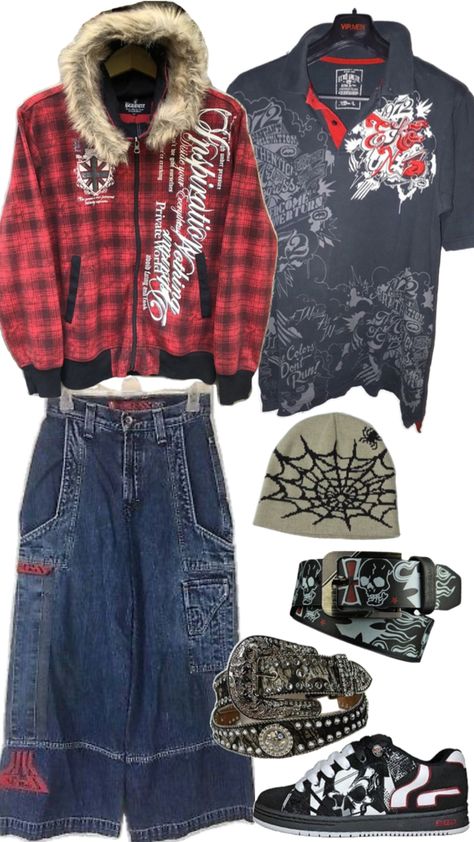 Fur hood plaid jacket, baggy jeans, spider beanie, skull belt, rhinestone belt, skull shoes, red theme overall Spider Beanie, Skull Belt, Geeky Clothes, Silly Clothes, Beanie Fits, Skull Shoes, Funky Outfits, Rhinestone Belt, Swaggy Outfits