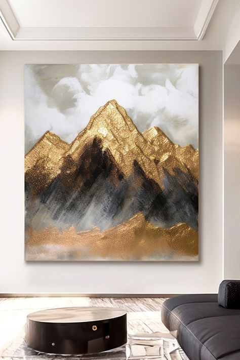 Original handmade gold mountain landscape painting with textured peaks and moody sky, customizable sizes available Moody Sky, Gold Mountain, Mountain Landscape Painting, Gold Wall Art, Mountain Art, Handmade Artwork, Group Of Companies, Unique Wall Art, Mountain Landscape