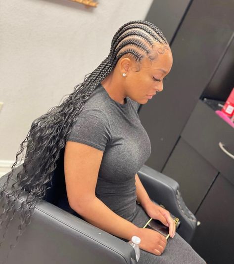 Stitch Braids With Hair Out, Straight Back Feed In Braids With Curls At End, Feed Ins Cornrows, Stitch Braids With Curls In The Back, Straight Back With Curls Braids, Straight Back Feed In Braids With Design And Curls, Stitches Braids For Black Women, Stitch Braided Hairstyles, Stitch Braids Designs Hairstyles