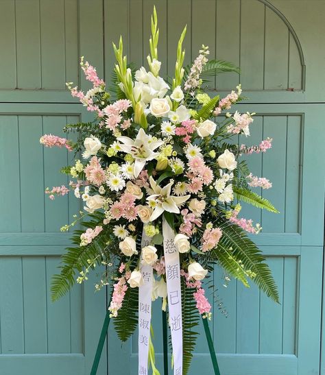 A Standing Spray in pastel colors. The customer wanted two custom banners in Chinese. (Our printer allows us to print banners in multiple languages.) Special delivery to San Lorenzo this morning. #standingspray #funeralspray #funeral #funeralflowers #celebrationoflife #memorial #memorialservice #pastel #pastelflowers #custom #custommade #specialdelivery #sympathyflowers #sympathyflorist #berkeleyflorist #oaklabdflorist #orindaflorist #eastbayflorist #bayareaflorist #chinesefuneral #asianflo... Standing Spray, Diy Bouquet Wrap, Flowers Arrangements, Bouquet Wrap, Sympathy Flowers, Flower Spray, Diy Bouquet, Pastel Flowers, Banner Printing