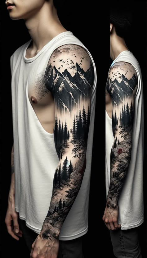 Trees And Ocean Tattoo, Outdoor Leg Sleeve Tattoo, Forest Ocean Tattoo, Men’s Nature Sleeve Tattoo, Storm Sleeve Tattoo, Birds Sleeve Tattoo, Elements Sleeve Tattoo, Nature Arm Sleeve Tattoos, Mountain Flower Tattoo