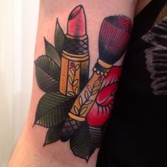 #Makeup #tattoo Lipstick Tattoo, Pretty Lipstick, Lipstick Tattoos, Tattoo Vintage, Brush Tattoo, Makeup Tattoo, Tattoo Traditional, 1 Tattoo, Makeup Tattoos