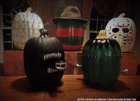 #Halloween #Pumpkins by Richard Byrne.  #Pinhead #FreddyKrueger #JasonVoorhees #Alien #Frankenstein #GeekHour Pumpkin Painting Ideas Scary, Halloween Pumpkin Painting Ideas, Halloween Pumpkin Painting, Creative Pumpkin Painting, Decor For Halloween, Pumpkin Painting Ideas, Paint Easy, Halloween Pumpkin Designs, Halloween Pumpkins Painted