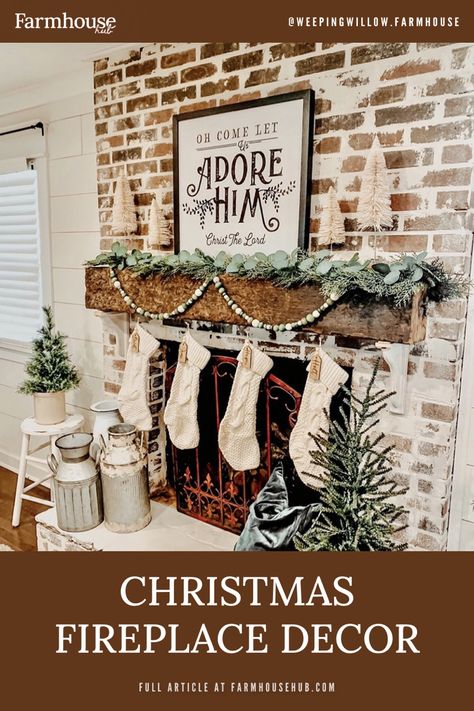 Christmas fireplace decor Farmhouse Christmas Mantle, Christmas Fireplace Mantels, Christmas Stockings Diy, Christmas Mantle Decor, Christmas Fireplace Decor, Christmas Mantel Decorations, Christmas Mantle, Christmas Fireplace, Christmas Mantels