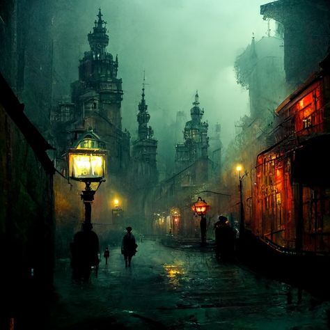 Ai Art Steampunk Gothic Village Image Gothic Village Art, Steampunk Village Concept Art, Gothic City Aesthetic, Gothic Village, Gothic City, Dark Window, Dark Alley, Steampunk City, City Rain