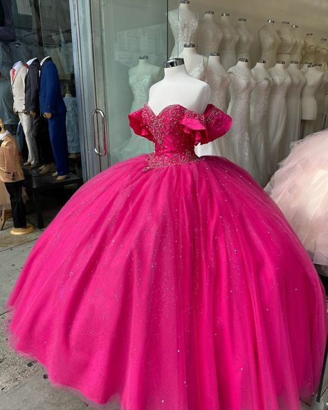 Neon Quinceanera Dresses, Quinceanera Dresses Dark Pink, Fusia Pink Quince Dress, Fushia Quinceanera Dresses, Quinceanera Dresses Fushia, Sweet 16 Hot Pink Theme, Hot Pink Quince Theme, Fuschia Quinceanera Dresses, Bright Pink Quinceanera Dresses