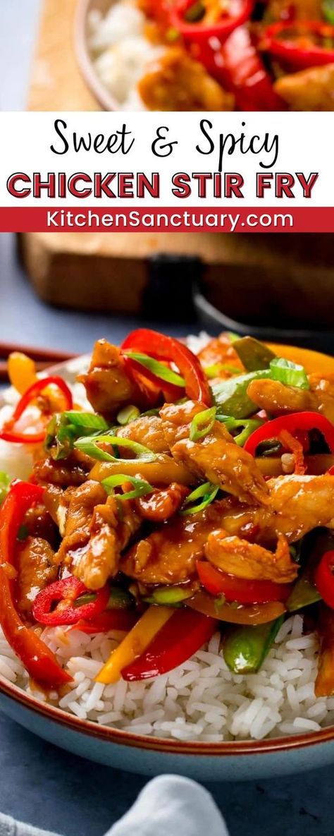 My tasty Sweet & Spicy Chicken Stir Fry - a quick mid-week meal with a kick of chilli heat that you can get on the table in less than 20 minutes! This is a sweet and spicy version – made using sweet chilli sauce, chillies and brown sugar - plus a few other goodies. If you don’t want too much heat, then leave out the fresh chillies – my kids still eat every bite even with a little sweet chilli sauce! Serve with rice or noodles. Quick Chicken Stir Fry, Sweet Spicy Chicken, Stir Fry Recipes Healthy, Sweet Chilli Chicken, Chinese Chicken Recipes, Sweet And Spicy Chicken, Homemade Chinese Food, Asian Stir Fry, Stir Fry Recipes Chicken