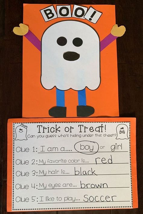 Oct 8, 2019 - Halloween is here! My TK students loved making this trick-or-treating ghost craftivity! Perfect for a writing activity or even just a fall/halloween craft for Pre-K, Preschool, Transitional Kindergarten, or kindergarten! Halloween Door Decoration Ideas, Ghost Craft, October Classroom, October School, Halloween Lesson, Ghost Crafts, October Activities, Halloween Kindergarten, Halloween Writing