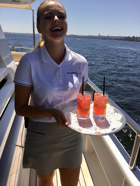 Pros & Cons of Yachting - The Yacht Stew Super Yacht Food, Restaurant Uniform Aesthetic, Super Yacht Stewardess, Boat Crew Uniform, Working On A Yacht Aesthetic, Yacht Crew Aesthetic, Yatch Stewardess Aesthetic, Working On Yachts, Yacht Crew Uniform