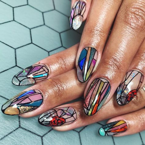 Butterfly Nail Ideas, Stained Glass Nail Art, Stained Glass Nails, Oval Nail Designs, Summer Holiday Nails, Glass Nail Art, Oval Nail, Oval Shaped Nails, Glass Nails Art